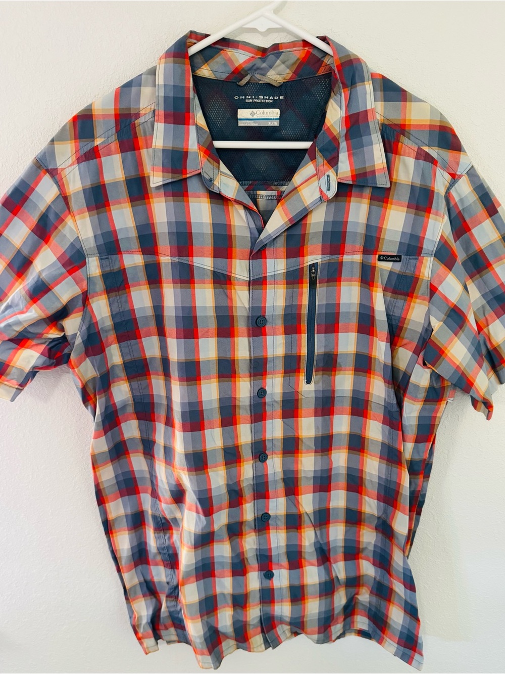 Columbia Men’s Short-Sleeve Plaid Button-Down Shirt - Blue/Red/Yellow Size XL